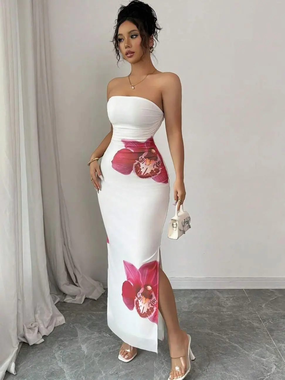 Breezaya Allover Print Ruched Side Tube Bodycon Dress Maxi Women Outfit