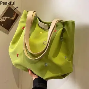Embroidered Letter Handbag One-shoulder Tote Bag Large-capacity Canvas Bag Fashionable Famale All-matching Personality