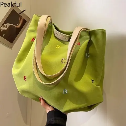 Embroidered Letter Handbag One-shoulder Tote Bag Large-capacity Canvas Bag Fashionable Famale All-matching Personality
