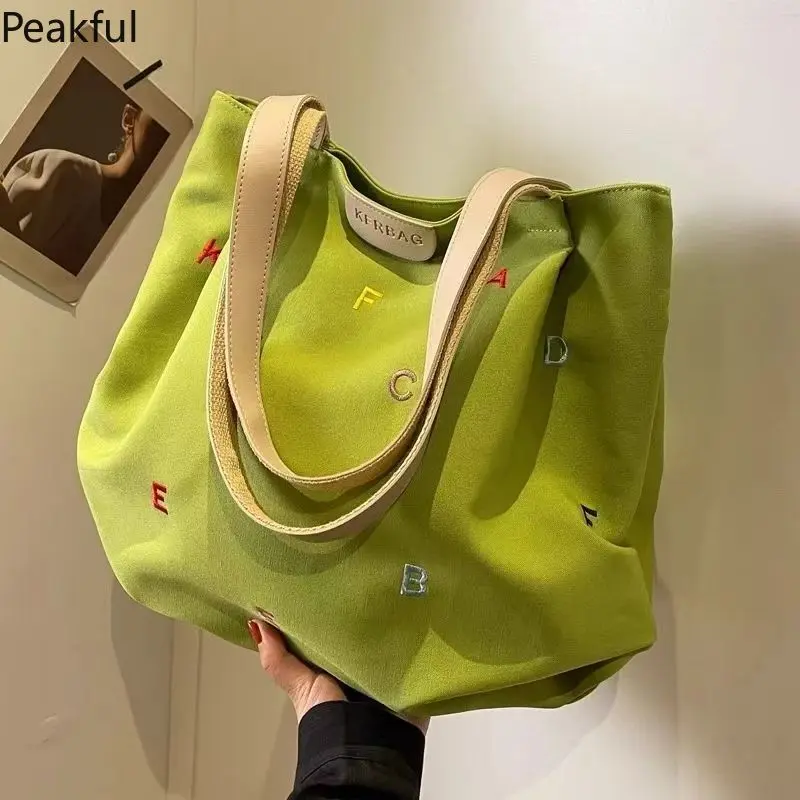 Embroidered Letter Handbag One-shoulder Tote Bag Large-capacity Canvas Bag Fashionable Famale All-matching Personality