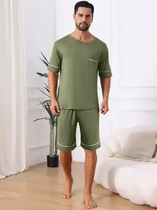 INSPIRE CHIC Nightwear Pajama for Men's Summer Short Sleeves Crew Neck with Pockets Pajama Set