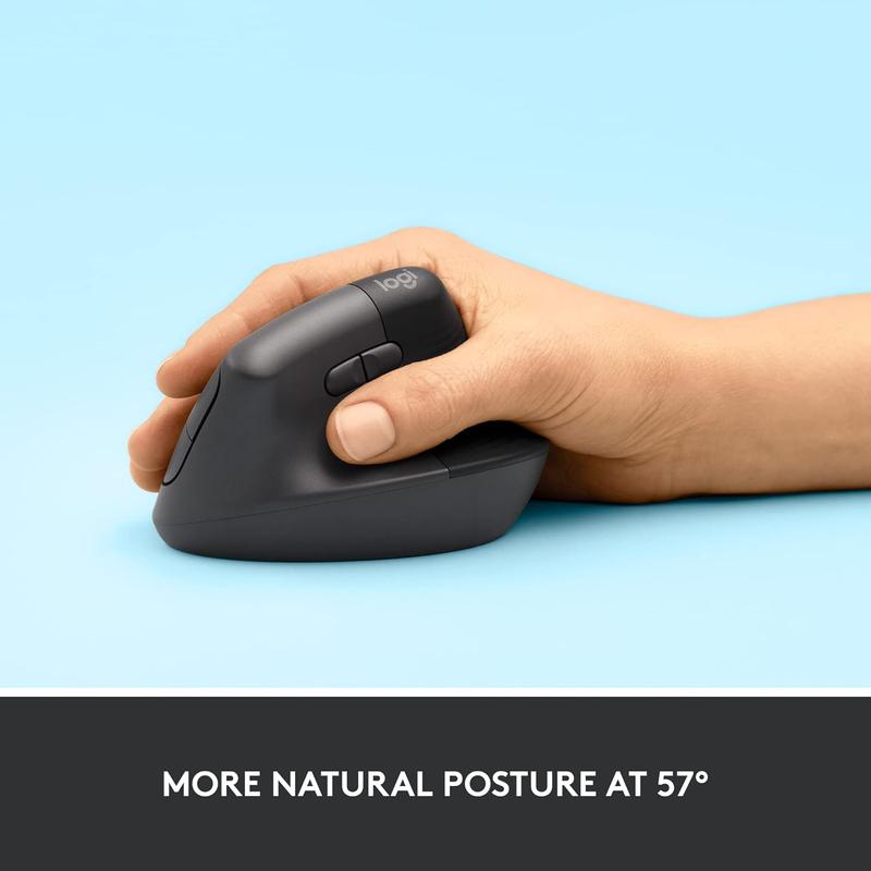 Logitech Lift Vertical Ergonomic Mouse, Wireless Bluetooth or USB Receiver, Quiet Clicks, 4 Buttons, Right Hand Wireless Mouse, Windows/macOS/iPadOS, Laptop, PC - Graphite Graphite Right-Handed Mouse