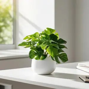 1pc Artificial Monstera Plant in A White Pot, 6-inch Potted Artificial Green Plant, Perfect for Decorating Dining Tables, Home Interiors, and Office Bookshelves. Maintenance-free—no Watering Required.