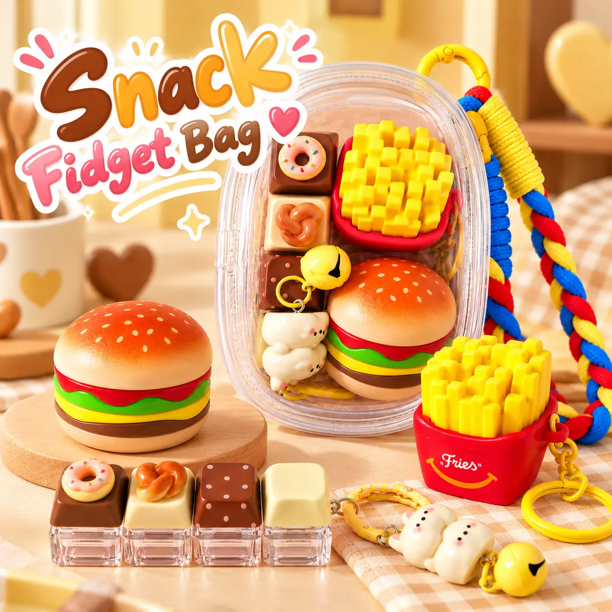 3-in-1 Sensory Fidget Toys Bag, Cute Food-Themed Fidget Set for Kids & Adults, Portable Stress Relief Toys for Travel, School & Desk, Halloween & Christmas Gifts, Stocking Stuffers