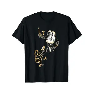 Music Microphone T-Shirt with Notes & Clef Design, 100% Cotton Crew Neck Short Sleeve, Halloween Christmas Gift for Men, Black, S-XXXL Menswear Top