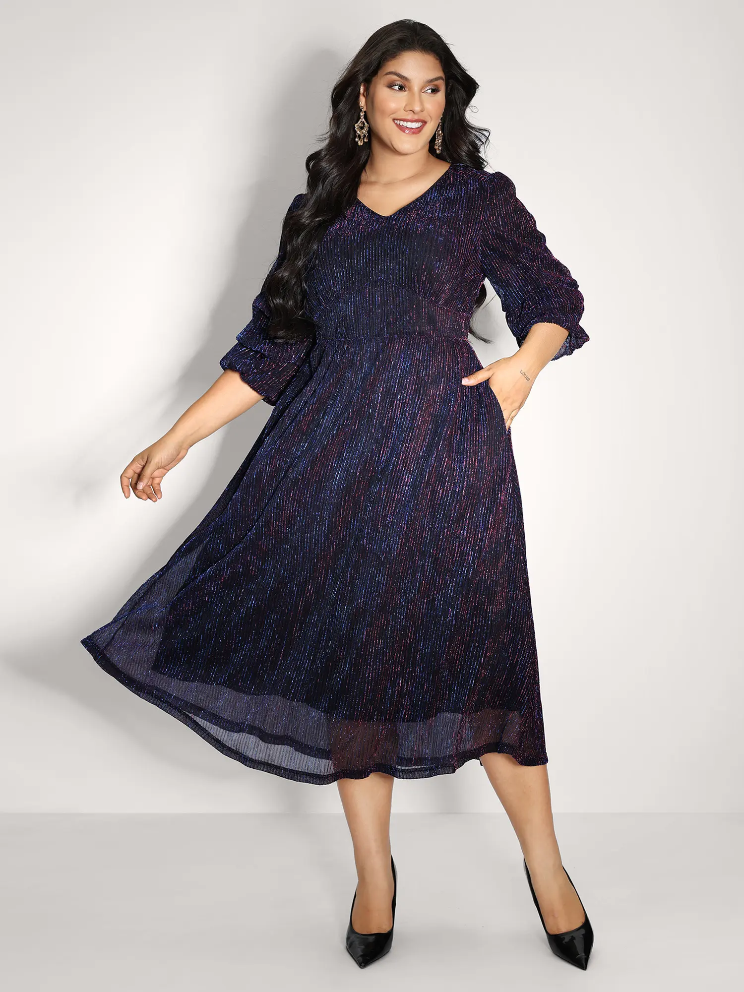 BLOOMCHIC Women's Lady's Phantom Silk-Polyester Fabric Midi Dress - Stretchy, Shirred Waist, Lantern Sleeves, Smooth Fit, Deep Purple Red, Pocket, Casual Festival Wear,Summerfinds