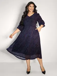 BLOOMCHIC Women's Phantom Silk Stretchy Shirred Waist Midi Dress - Lantern Sleeve