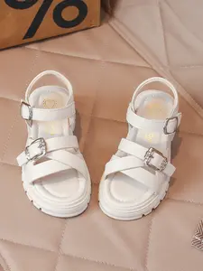 Girls' Thick Sole PU Sandals, Casual Sweet Style, Cross Strap Design, Perfect for Daily Wear and Summer, Comfortable and Stylish