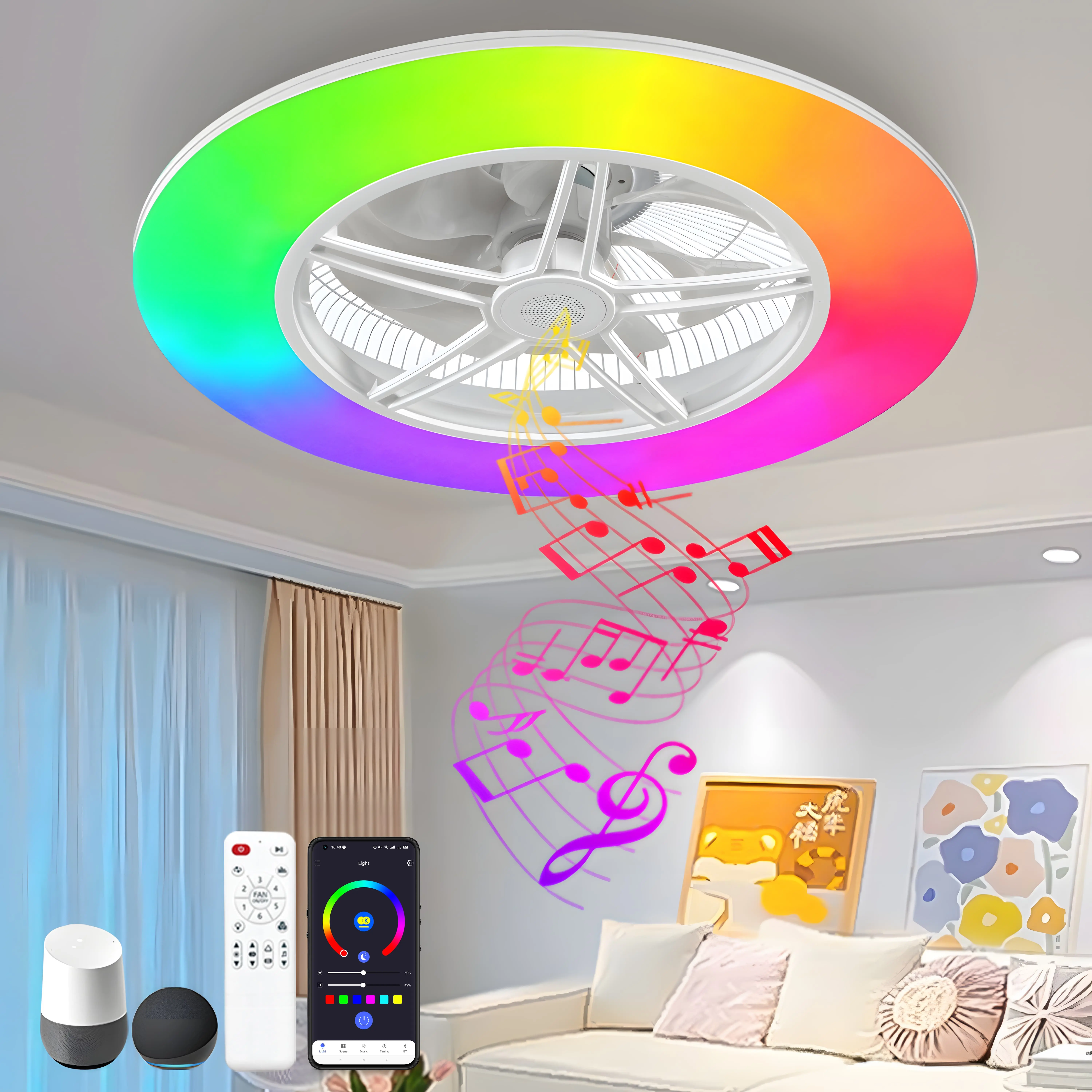 BAYSQUIRREL 22" Bladeless Safe Flush Mount Ceiling Fan with Lighting - Smart Home Style, RGB Color Change, Voice Control (Amazon Alexa Compatible), 6-Speed, Dimmable, 85V-265V, Auto Shut-Off, Adjustable Indoor Bedroom Use