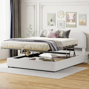 Lift Up Storage Bed Queen Size Upholstered Platform Bed with Hydraulic Storage System, Teddy Fleece Platform Bed with Headboard and Slats, No Box Spring Needed