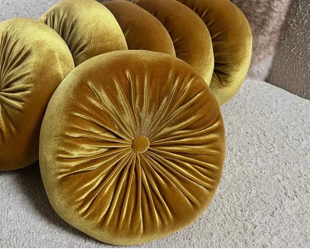 Round Velvet Pillow with Golden Oak Design - Removable Cover, Luxurious Comfort, Stylish Look, Versatile for Living Room Decor & Home Interiors