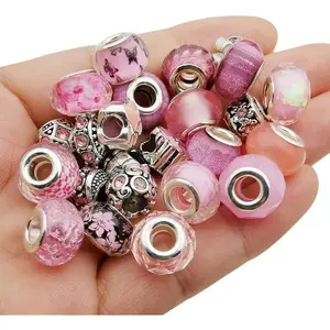 50 count Assorted Pink  Imitation Glass European Large Hole Beads Rhinestone Metal Spacer Charms Bead Assortments for DIY Crafts Bracelets Necklaces  Making (M567-Pink)
