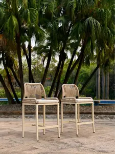 Counter Height Bar Stools Set of 2, Handwoven Two-Tone Yellow & Light Yellow Twisted Rope, Cream White Aluminum Frame with Ivory Waterproof Cushions, All-Weather Indoor Outdoor High Chairs for Patio,