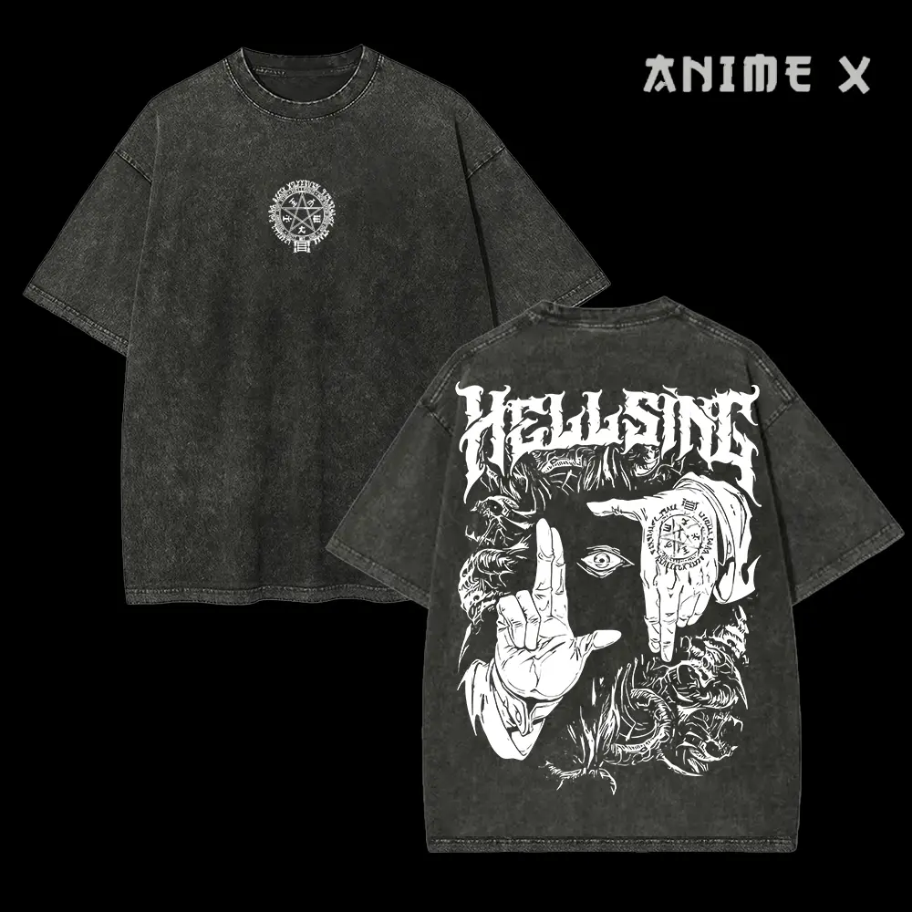 Retro Heavy Limited "Alucard Hellsing Hand Signs" Anime Double Printed Vintage Oversized Washed Tee Unisex Oversize Anime Manga Washed Heavyweight Cotton T-shirt, Gift For Anime Fan, Anime Lover