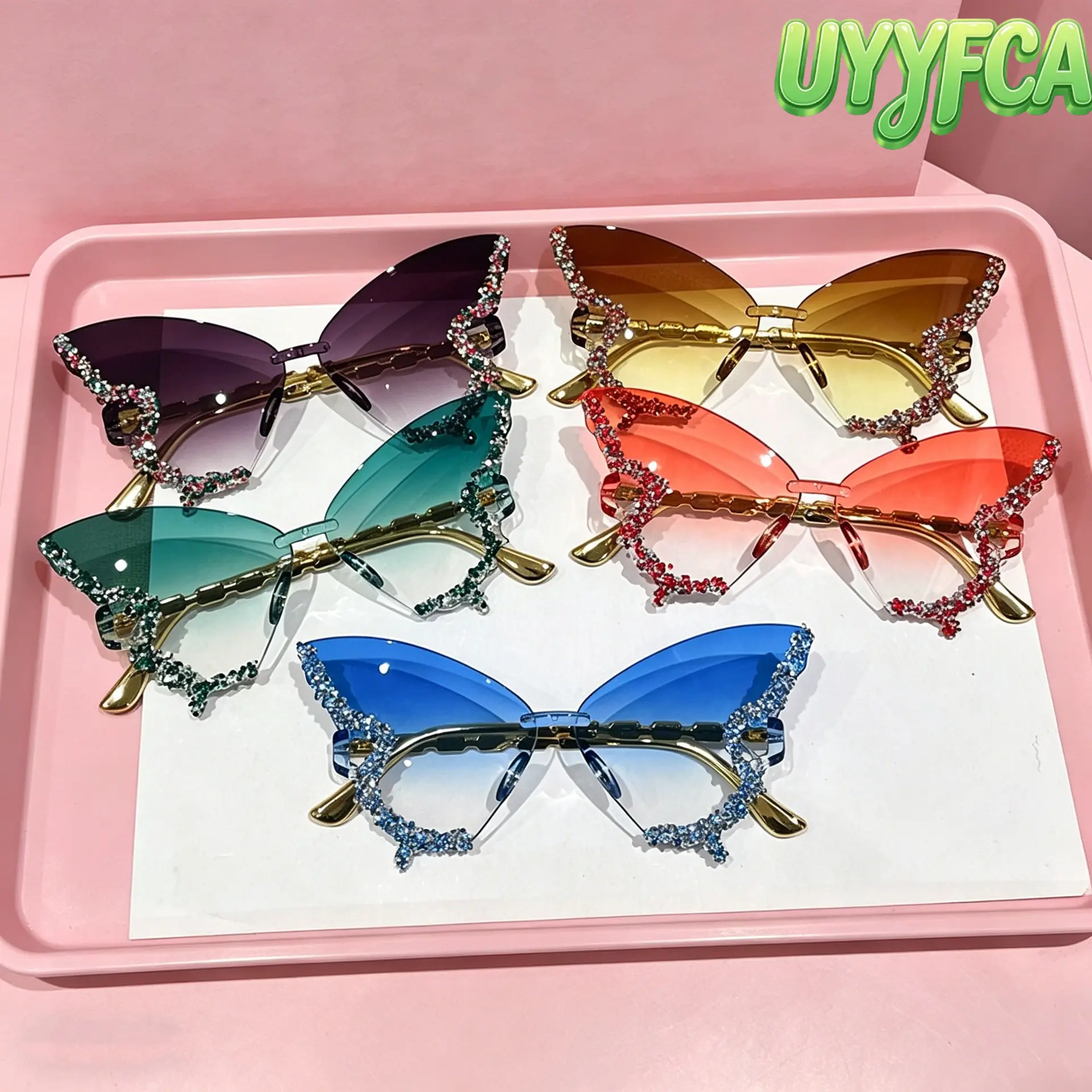 2026 New Women's Rimless Butterfly Sunglasses, Rhinestone Embellished Gradient Lens Eyewear, UV Blocking Retro Stylish Sun Glasses, Lightweight Diamond Trimmed Eyeglasses for Parties, Festivals, Daily Wear, Summer Events and Special Occasions summervibes,