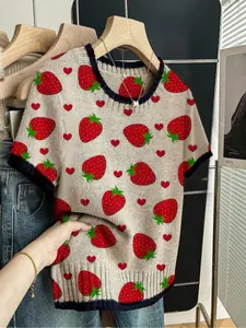 Strawberry Heart Print Round Neck Sweater Knitted Top, Casual Short Sleeve Knitwear for Spring Summer Fall, Comfortable Warm Women's Clothing