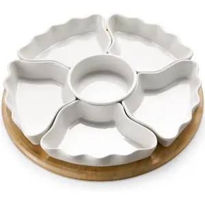 360? Rotatable Serving Tray and Platters, 12 Inch Divided Serving Bowls for Party, Kitchen Decor, Removable Serving Dishes for Chips and Dip, Fruit, Veggies, Candy and Snacks, 7 count, White