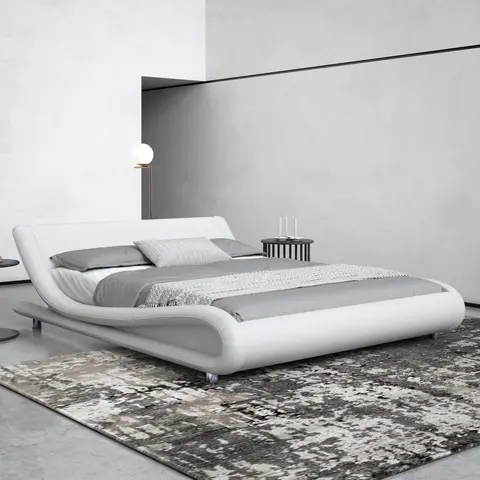HOOMIC Upholstered Platform Bed Frame【Frame Only No Mattress】,Low Profile Sleigh Design with Linen/Faux Leather Headboard - Full/Queen/King Sizes,White/Black/Grey,No Box Spring Required
