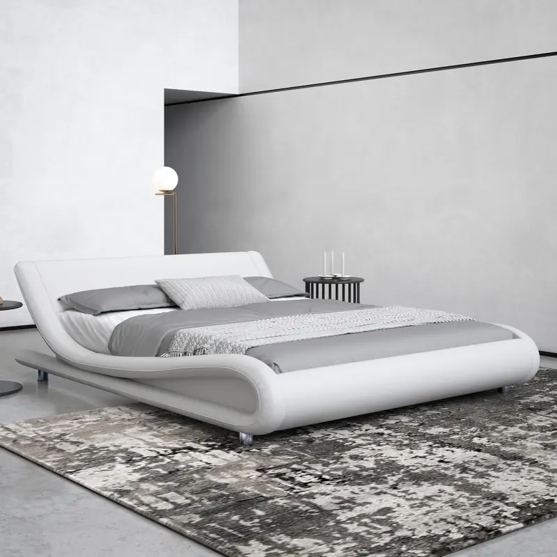 HOOMIC Upholstered Platform Bed Frame【Frame Only No Mattress】,Low Profile Sleigh Design with Linen/Faux Leather Headboard - Full/Queen/King Sizes,White/Black/Grey,No Box Spring Required
