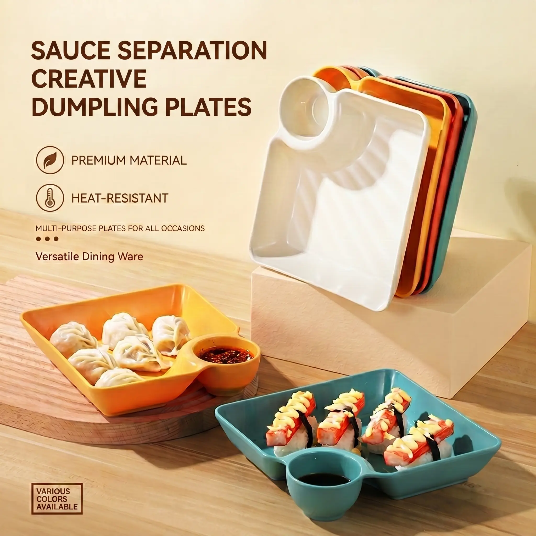 Dumpling Plate with Sauce Compartment, Creative Divided Serving Plate with Built In Dip Bowl, Food Plate for Dumplings, French Fries, Chicken Nuggets, Snacks & Appetizers, Stylish Kitchen Tableware for Home Dining, Party Food Serving Dish Plastic