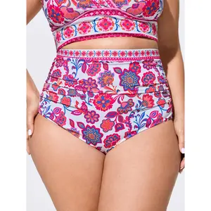 BloomChic Plus Size Bikini Bottoms, High Waisted Peach Floral Print Chlorine Resistant Swimwear, Swimsuit Plus Sizes