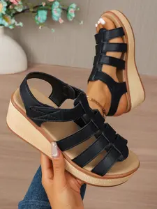 Women's Thick Sole Wedge Sandals with Velcro, European and American Style Lightweight Heeled Shoes, 6cm Heel Height, Comfortable and Stylish