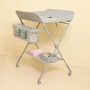 Changing table with wheels, portable diaper changing station with 4-level height adjustment and storage rack for newborns and infants (light gray)