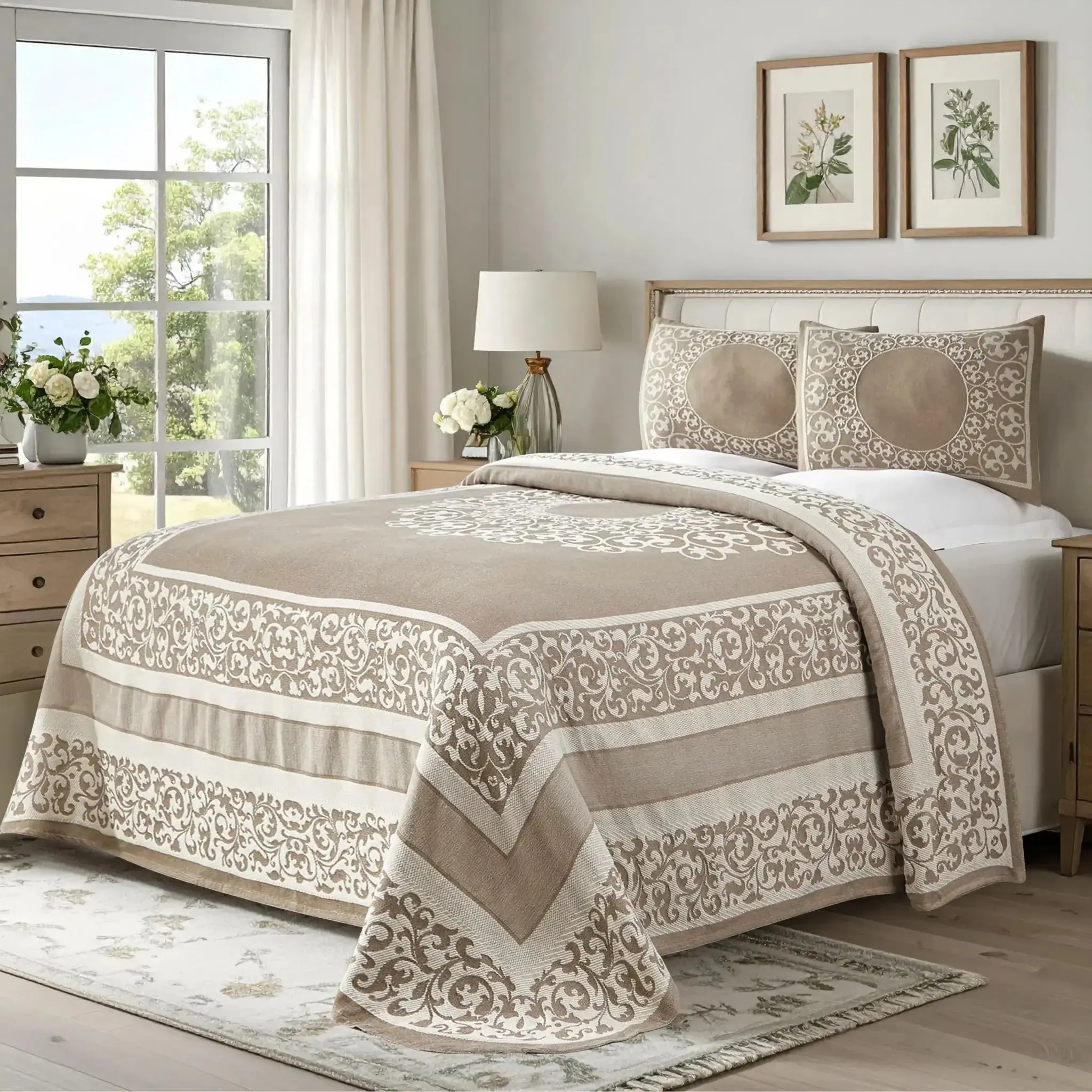 Lightweight Cotton Jacquard Bedspread Set – 3‐Piece Floral Scroll