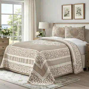 Lightweight Cotton Jacquard Bedspread Set – 3‑Piece Floral Scroll