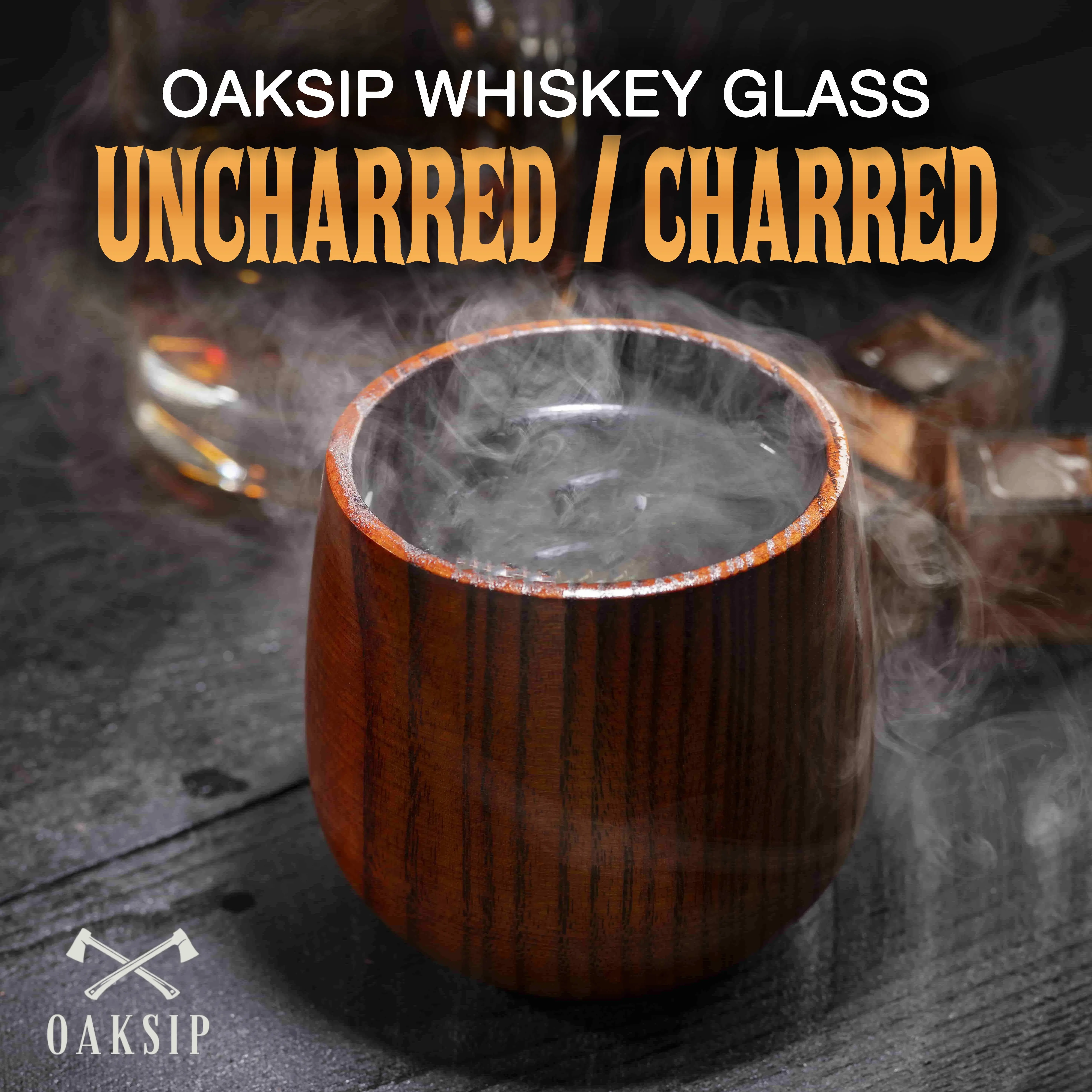 Oaksip - Wooden Whiskey & Bourbon Drinking Glass Tumbler Cup, Bourbon Gifts for Men, Charred or Uncharred Old Fashioned Glass, Gifts for Men, Traditio