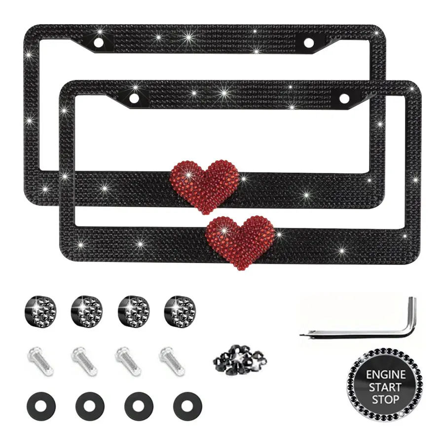 This red heart bling license plate frame features a black background with full crystal rhinestone glitter, comes in multiple color options, includes a complete set with anti-rust hardware, and adds a bold sparkle to any car exterior