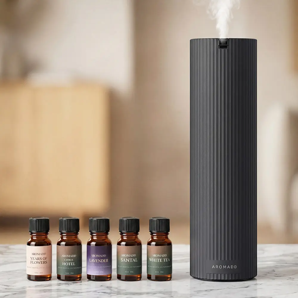 Smart Home Fragrance Waterless Diffuser Kit – Essential Oil Diffuser for Large Room, Auto Adjustment Mode, 1500 Sq.Ft Coverage, Includes 5 Fragrance Samples (Black)