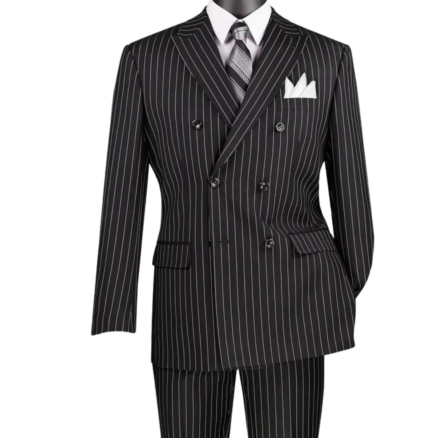 Men’s Gangster Stripe Double-Breasted 2-Piece Suit Peak Lapel - Black