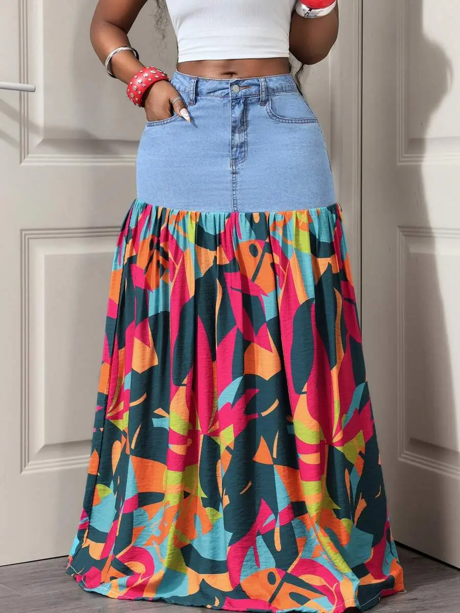 Printed Patchwork Denim Maxi Skirt for Women High Waist Casual Streetwear Outfit