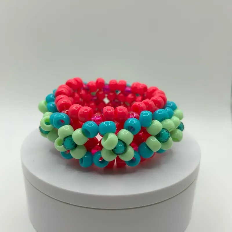 Pink Teal & Light Green Kandi Cuff - Hot Pink Teal & Light Green Pony Beads 3" Wrist Diameter 3.5" Full Diameter
