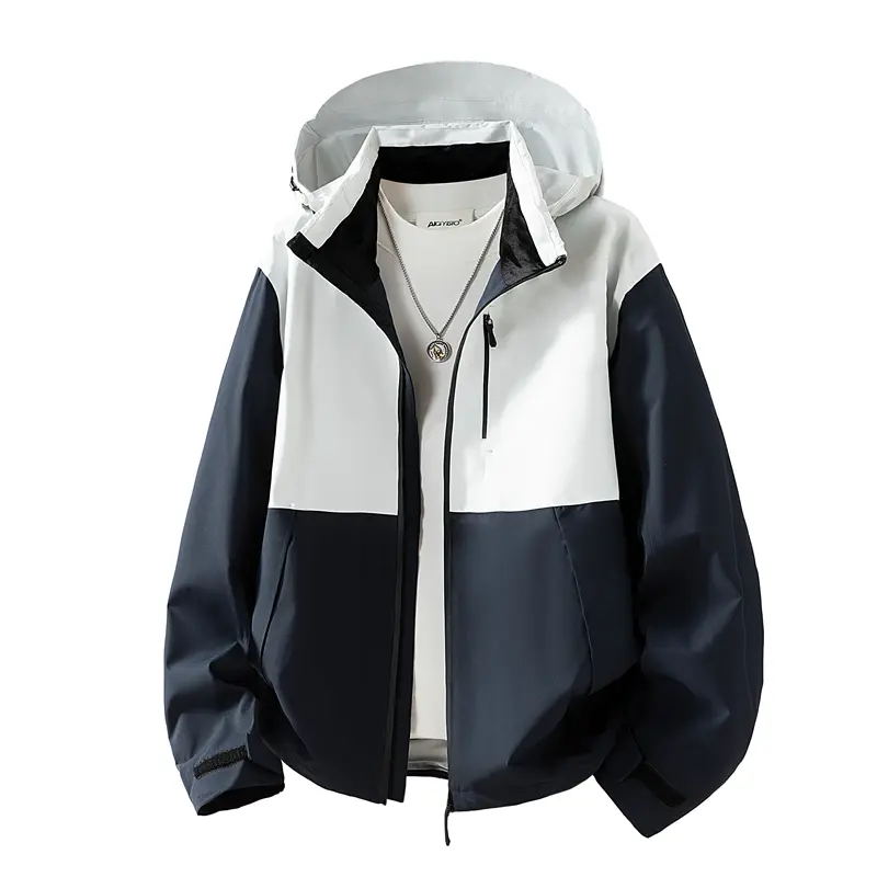 Women’s high-density windproof waterproof fabric hooded drop-shoulder loose fit color-block design zip pocket hardshell jacket with adjustable drawstring hood, casual outdoor windbreaker, versatile hooded outerwear for spring, autumn, and early winter Bas