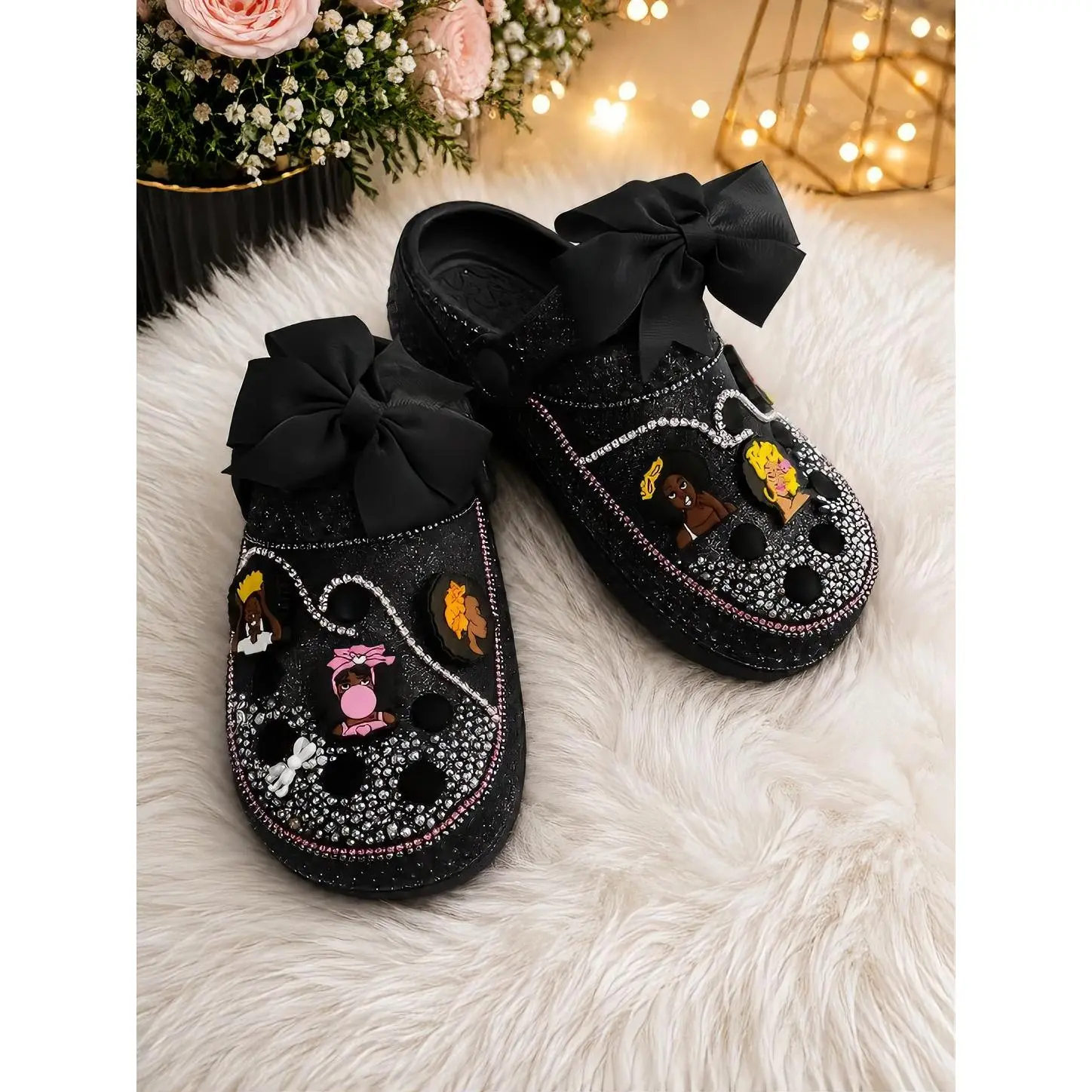Black Bow-Decorated Clogs with Colorful Charms and Rhinestones for Women's Fashionable Footwear