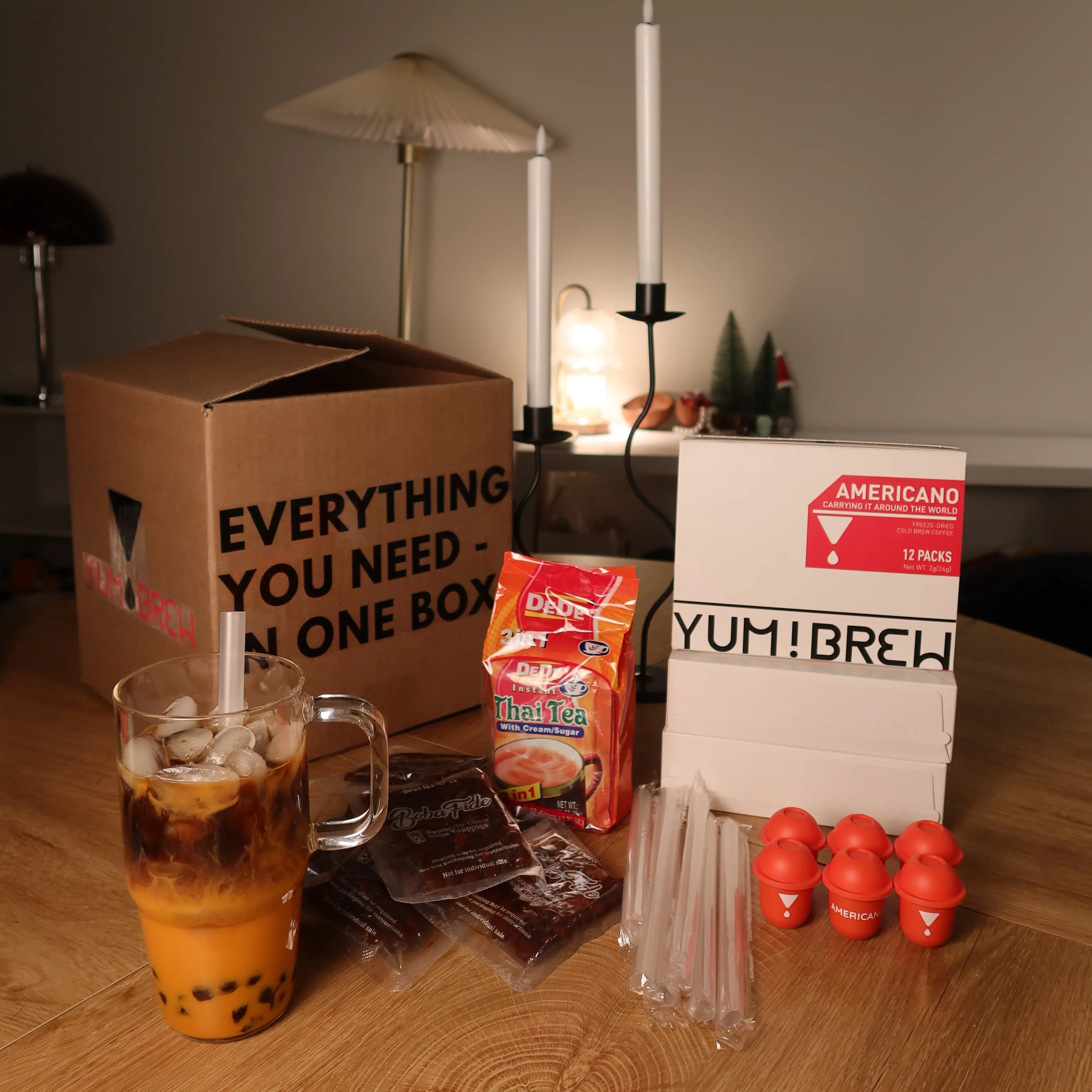 Yum!Brew Thai Tea Boba Latte Deluxe Kit - 6 Thai Tea, 6 Boba, 6 Yum!Brew Americano Pods, Special Recipe for 6 Lattes