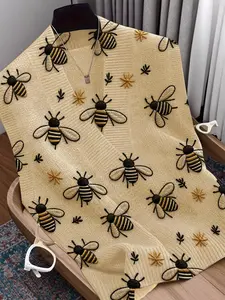 Spring Summer Elegant Women's Cartoon Bee Animal Print Vest, Cross Deep V Neck Sleeveless Knit Sweater, Casual Breathable Top