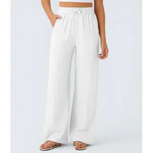High-waisted drawstring side-pocket wide-leg casual linen pants, flowy wide-leg beach pants with elastic waistband