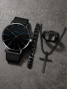 A set of stylish men's accessories including a steel strap analog quartz watch, calendar, ring, cross necklace, and bracelet for casual and business occasions.