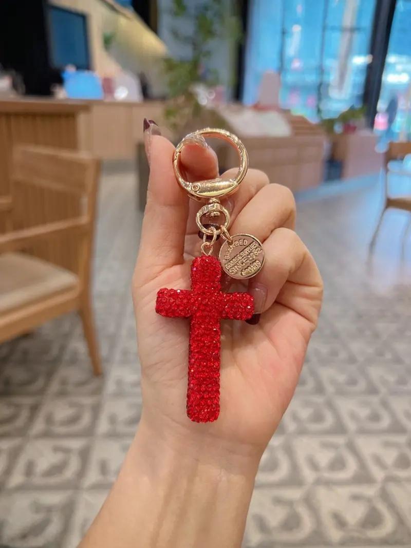 Ceramic Cross Keychain with Rhinestones, Creative Car Key Chain, Keychain Jewelry, Unisex Bag Charm, Valentine's Day Gift, All Seasons, Bag Pendant Keychain