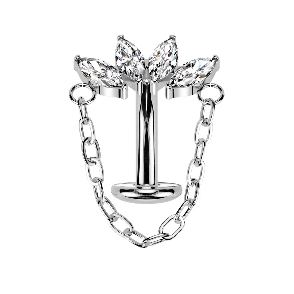Threadless Push-In CZ Crystal Marquise Fan with Dangling Chain Floating Belly Button Ring - ASTM F-136 Implant Grade Titanium