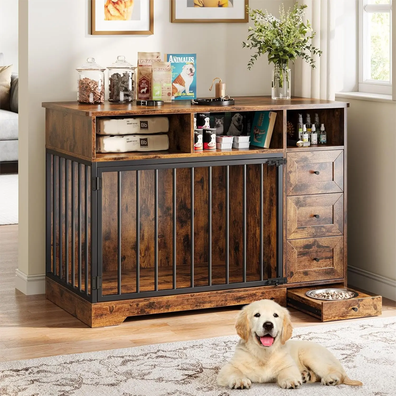 Gaomon 48-Inch Chew Resistant Steel Dog Crate Furniture for Small Dogs - Double Door, 3-Drawer Storage+Table, Hidden Bowl, Lockable 360-Degree Wheels, Non-Skid, Removable Pad, 27.2in L x 20.1in W x 23.6in H, Retro Brown Finish