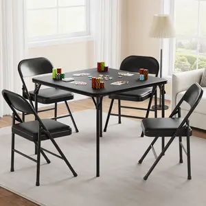 33.6'' Portable Folding Card Table with PU Soft Cushion Top, Water Resistant Upholstered Square Table with Sturdy Metal Frame, Collapsible Multi-Purpose Table for Gaming, Dining, Camping & Parties, Grey/Beige