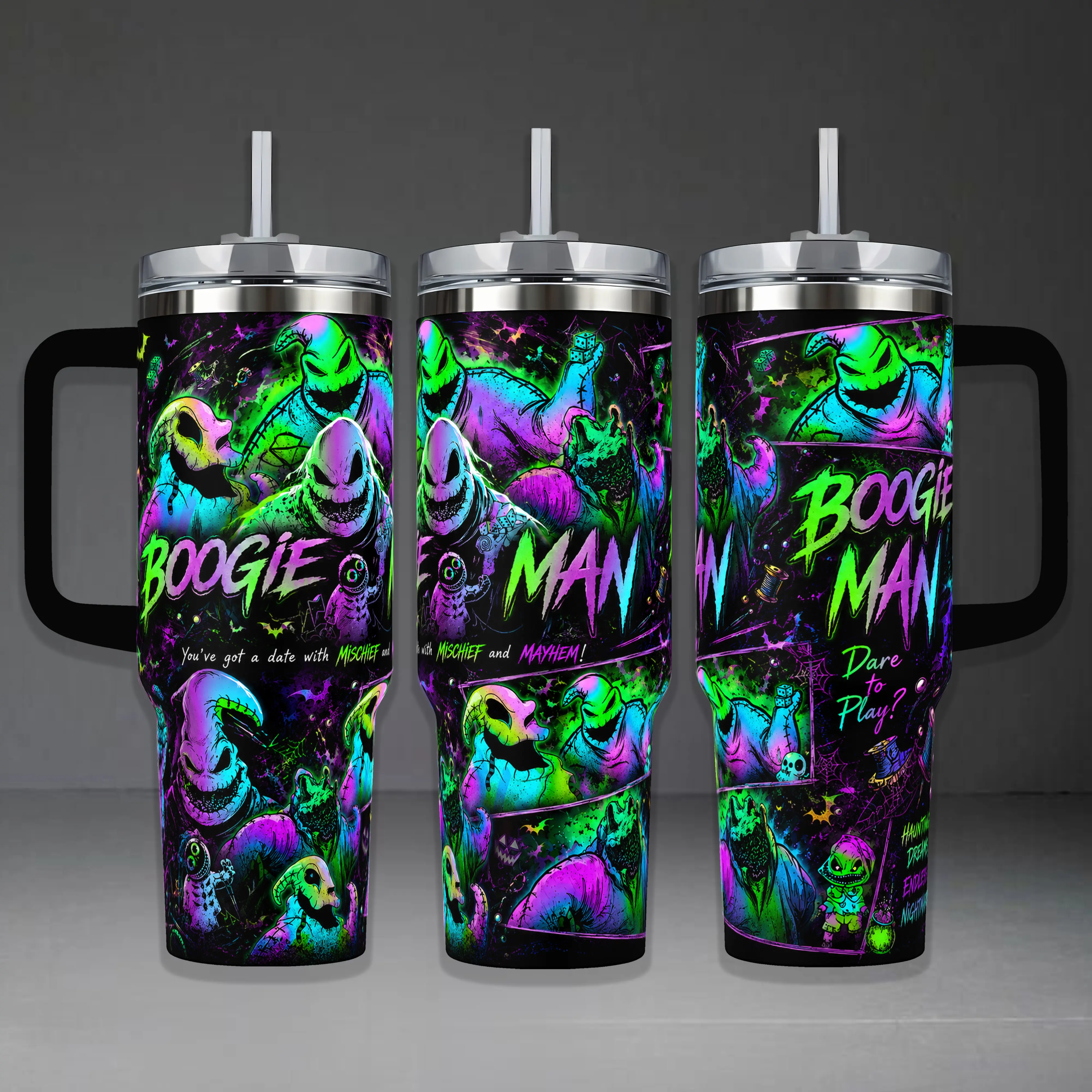 B00gie Man Tumbler, Spooky Season 20oz & 40oz Insulated Travel Mug with Handle & Straw. Nightmare Before Xmas Art Cup, "Dare to Play" Neon Mischief & Mayhem Fan Merchandise, Perfect Gift for Tim Burton Fans and Movie Collectors