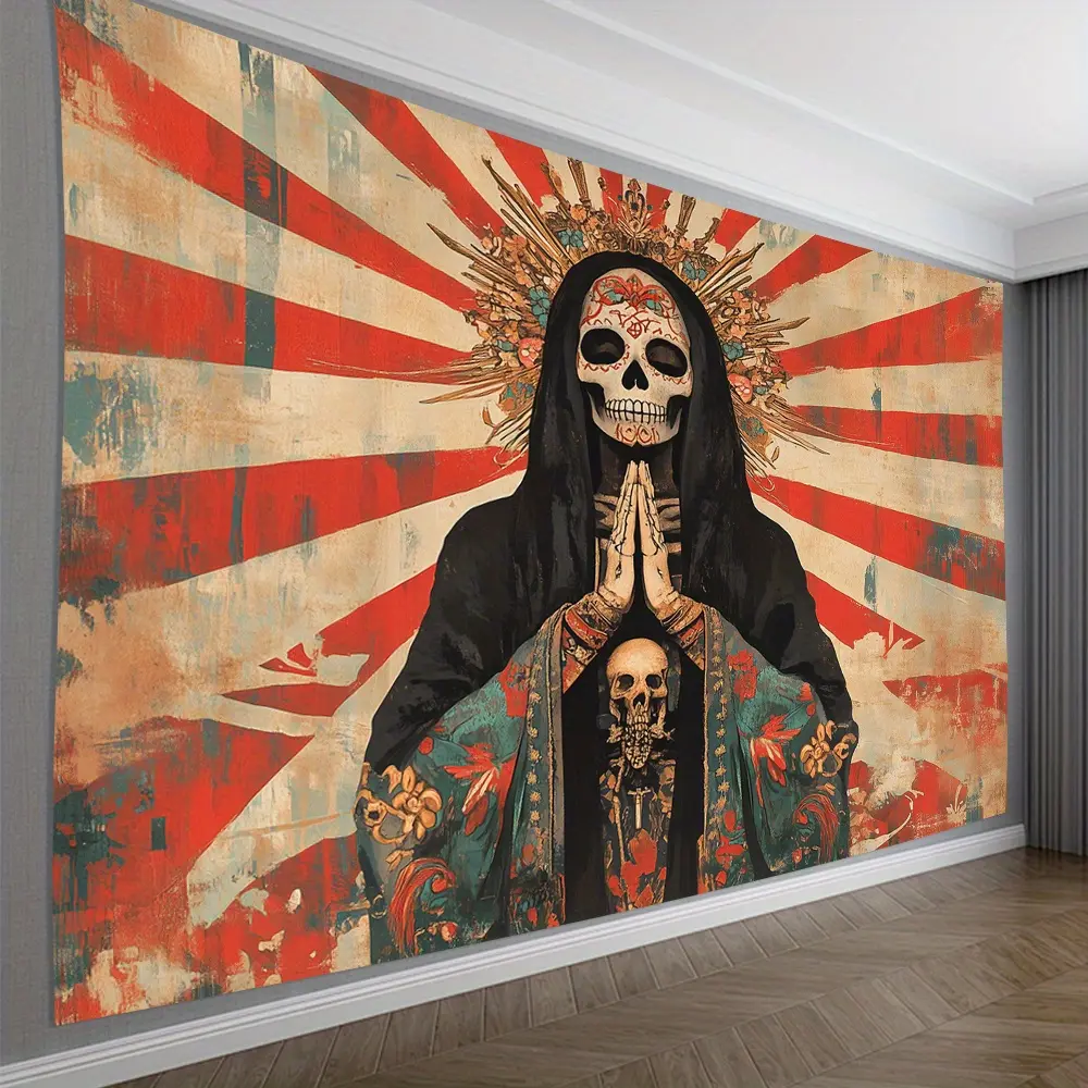Neon Nature Bohemian Sun Vintage Gothic Skull Print Prayer Tapestry - Polyester Synthetic Indoor Wall Hanging Decor with Hook, Multi-Size, Custom Image Upload Cloth Art, Extra Large Day of the Dead Religious Print, Living Room Decor, Gothic Art Accessory,