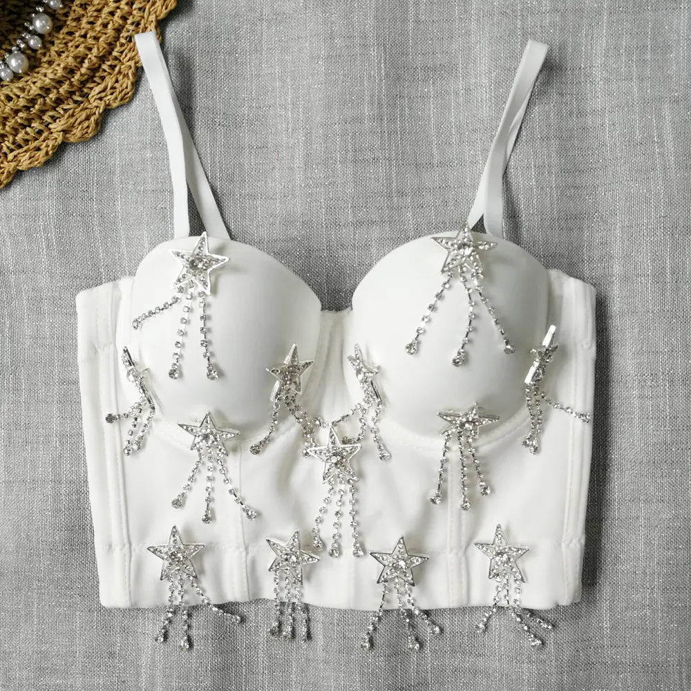 Dazzling Rhinestone Star Fringe Strappy Sweet & Sexy Shapewear Bustier Crop Top with Underwire and Padded Cups Womenswear Basic Minimalist Short corset faja