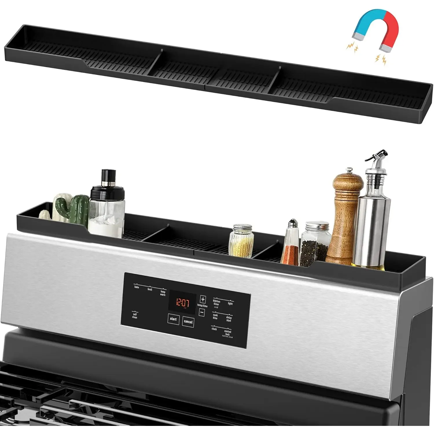 Stove Top Shelf 30/15 Inch - Silicone Material Magnetic Shelf for the Stove - 3/2 Functional Partitions Kitchen Spice Rack Organizer - Black Countertop Keeper