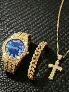 Men's Hip Hop Full Diamond Watch Necklace Set, Date Display, Cuban Chain Cross Pendant, Luxury Diamond Watch, Punk Style Men's Watch Accessories